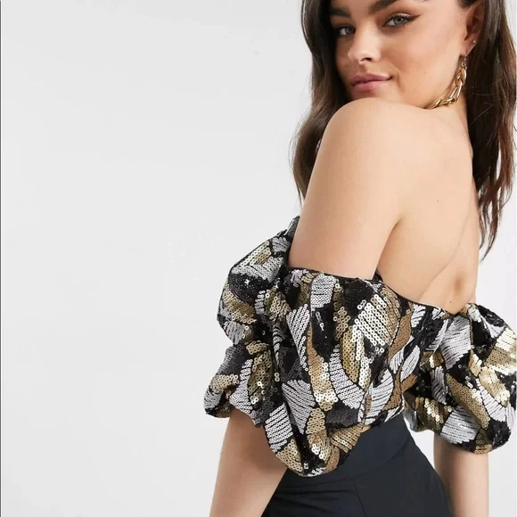 ASOS Virgos Lounge Bardot Sequin Top Gold Black Sold Out NWT UK 10 - Picture 9 of 15